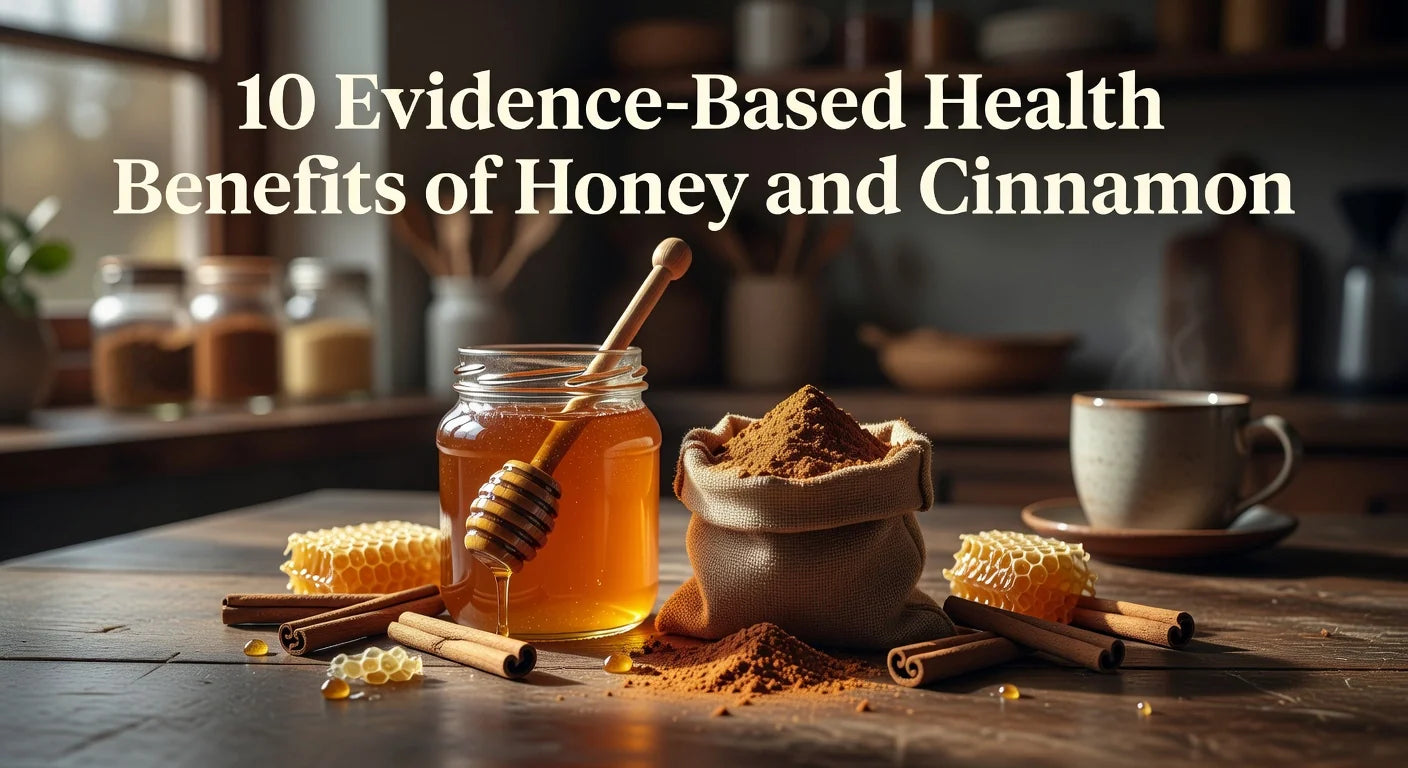Professional header image for list-based article: 10 Evidence-Based Health Benefits of Honey and Cinnamon