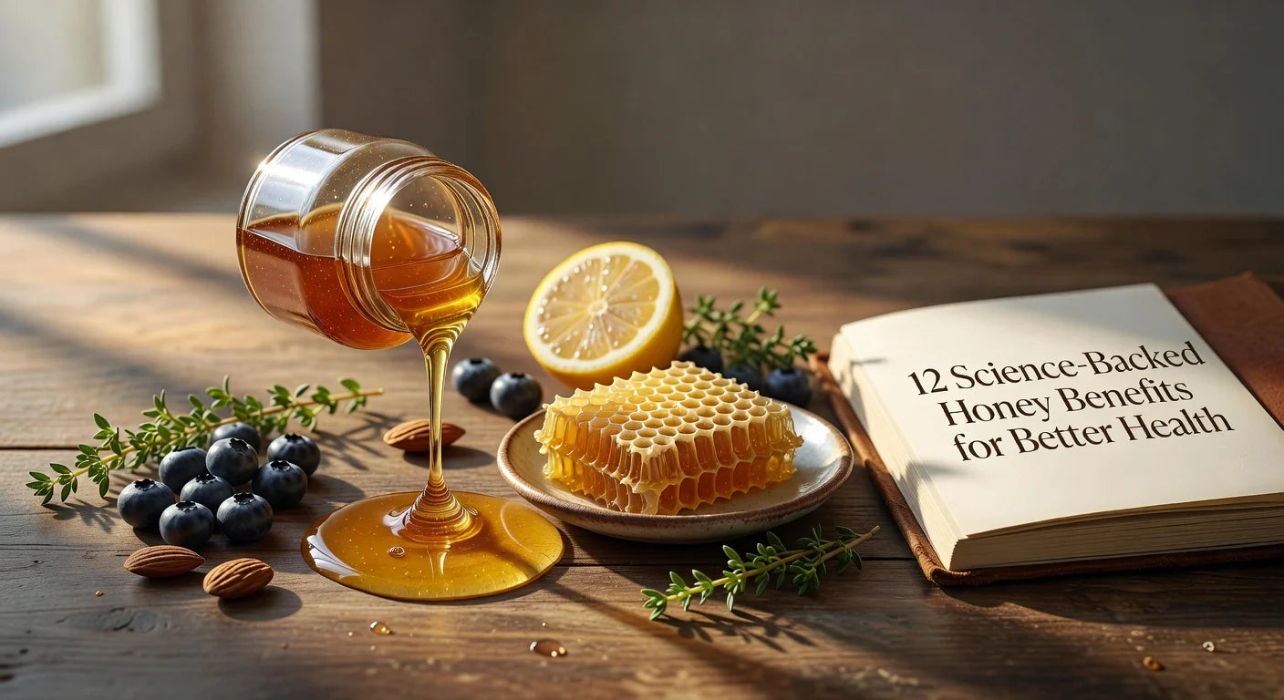 Professional header image for list-based article: 12 Science-Backed Honey Benefits for Better Health
