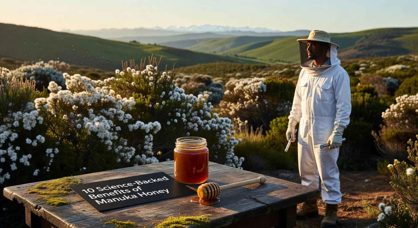Professional header image for list-based article: 10 Science-Backed Benefits of Manuka Honey