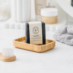 Natural Jarrah honey soap with charcoal in clean bathroom